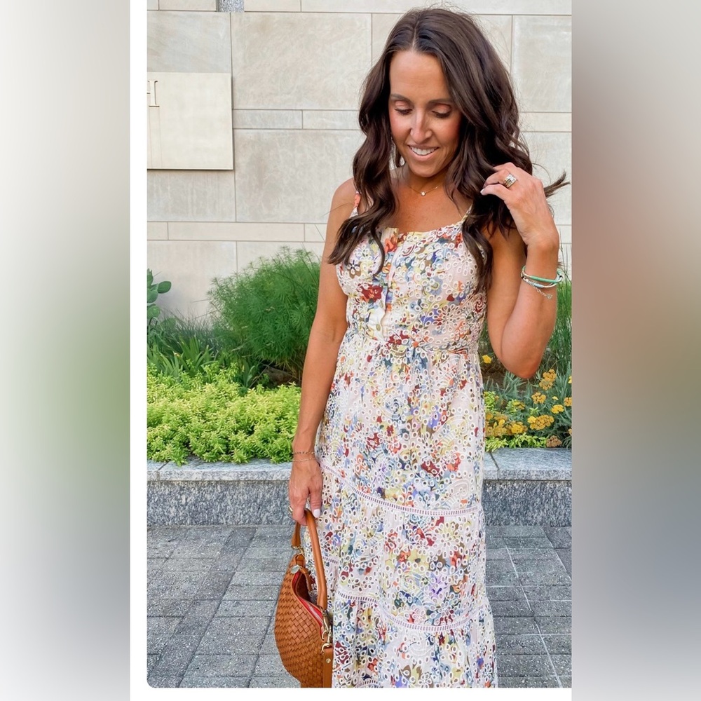 Evereve Floral Midi Dress in Cream with Multicolor Print